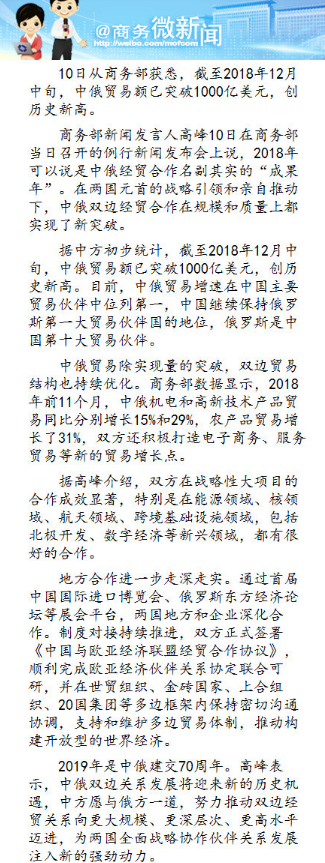 商务部：截至去年12月中旬中俄贸易额已突破1000亿美元
